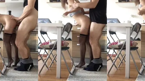 Siyah çorap giydirdiği çıtırı mutfakta domaltıp sikiyor